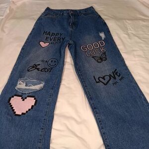 Wide Leg High Rise  Distressed Women's  Jeans With Happy Face/butterfly Graphic